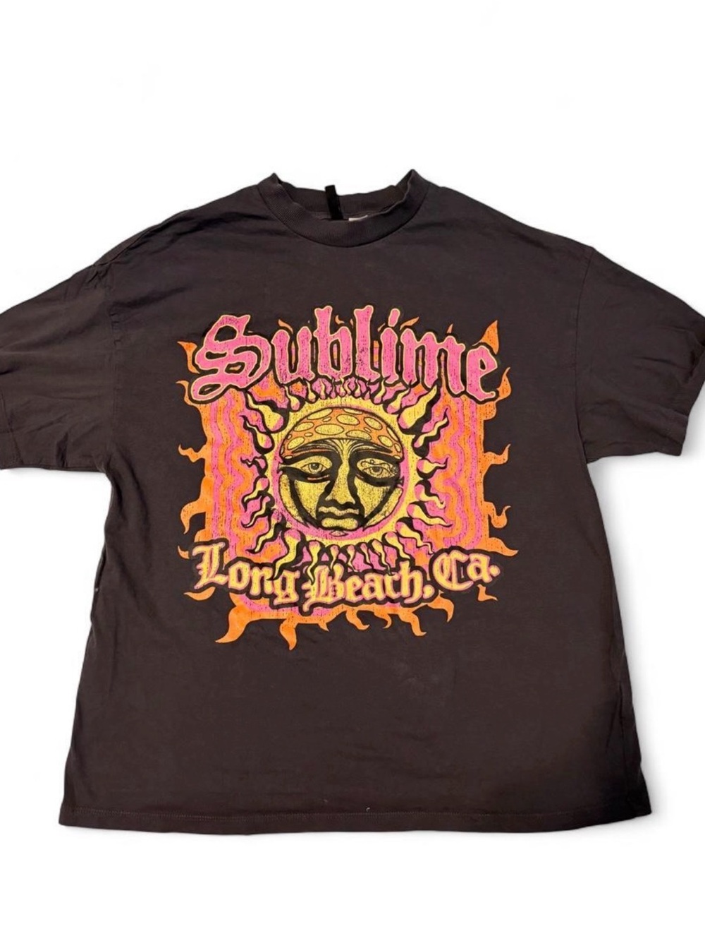 H&M Black Graphic Tee with Pink, Orange & Yellow Sun Logo
